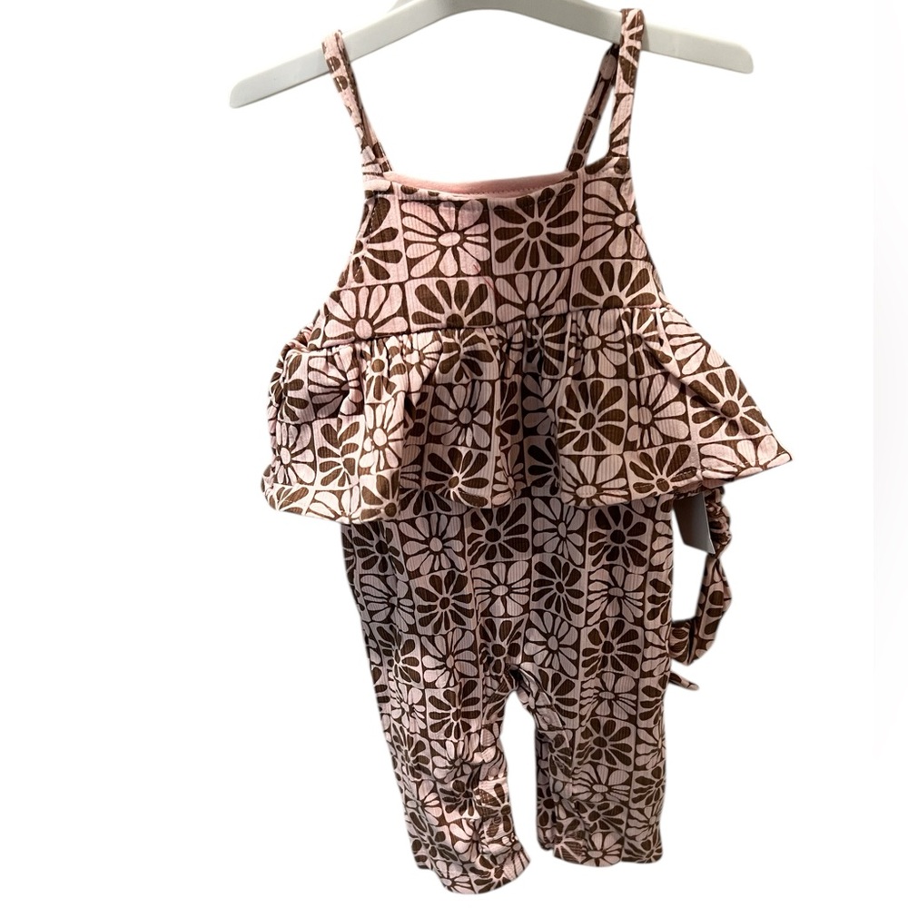 Grayson mini Pink And Brown‎ Floral Ribbed Ruffle Romper Jumpsuit 6-9 New Girls